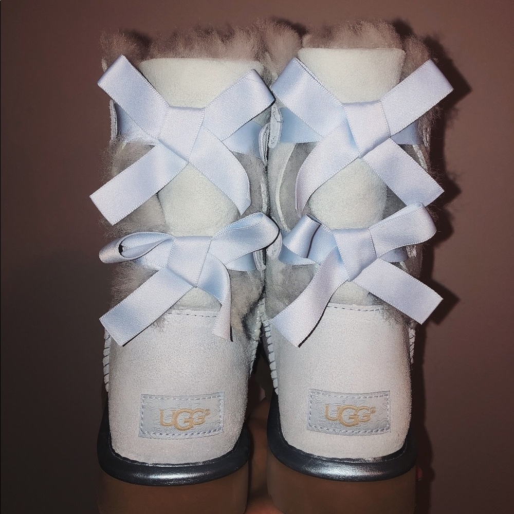 UGG BAILEY BOW SKY BLUE METALLIC SUEDE BOOTS